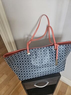 Ivanka Trump Navy Patterned Tote with Coral Trim